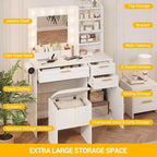 Acekool Toeletta Bianca con Specchio Illuminato a LED, Presa di Corrente, 3 Cassetti, Porte USB, Mobile Contenitore e Sgabello per Camera da Letto o Dormitorio