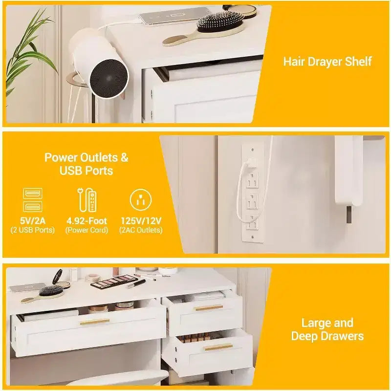 Acekool Toeletta Bianca con Specchio Illuminato a LED, Presa di Corrente, 3 Cassetti, Porte USB, Mobile Contenitore e Sgabello per Camera da Letto o Dormitorio
