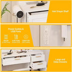 Acekool Toeletta Bianca con Specchio Illuminato a LED, Presa di Corrente, 3 Cassetti, Porte USB, Mobile Contenitore e Sgabello per Camera da Letto o Dormitorio