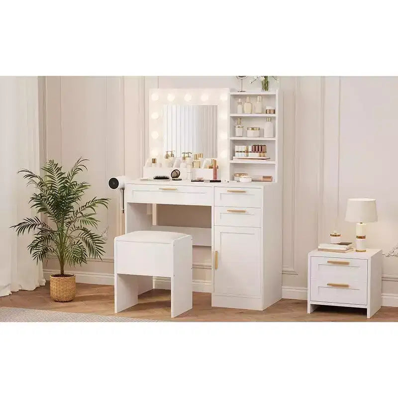 Acekool Toeletta Bianca con Specchio Illuminato a LED, Presa di Corrente, 3 Cassetti, Porte USB, Mobile Contenitore e Sgabello per Camera da Letto o Dormitorio