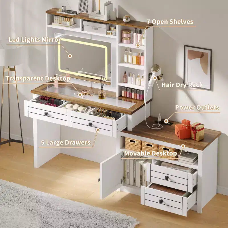 Toeletta con Piano in Vetro, 5 Cassetti, 6 Ripiani a Giorno, Finestra di Visualizzazione sul Piano in Vetro, Tavolo da Trucco Estensibile per Camera da Letto