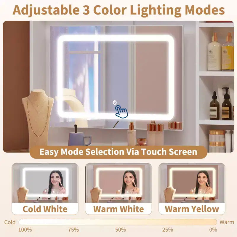 Toeletta con Piano in Vetro, 5 Cassetti, 6 Ripiani a Giorno, Finestra di Visualizzazione sul Piano in Vetro, Tavolo da Trucco Estensibile per Camera da Letto