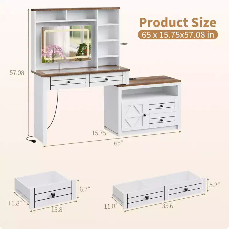 Toeletta con Piano in Vetro, 5 Cassetti, 6 Ripiani a Giorno, Finestra di Visualizzazione sul Piano in Vetro, Tavolo da Trucco Estensibile per Camera da Letto