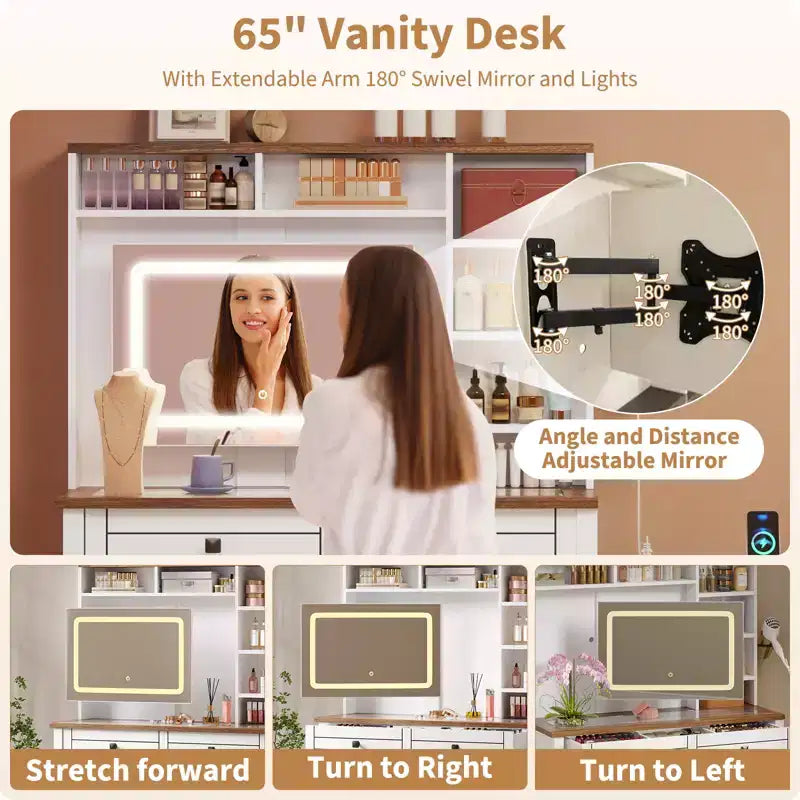 Toeletta con Piano in Vetro, 5 Cassetti, 6 Ripiani a Giorno, Finestra di Visualizzazione sul Piano in Vetro, Tavolo da Trucco Estensibile per Camera da Letto