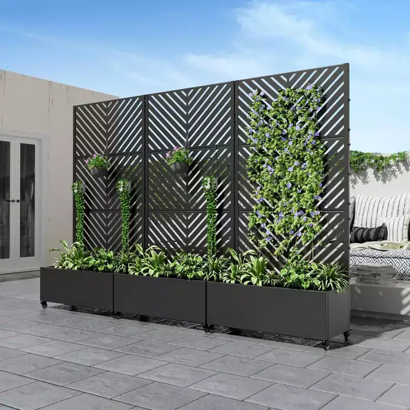 MAYEERTY Fioriera con traliccio in ferro nero motivo a linee parallele 01, stile 47x47x16 pollici, set da 3 pezzi