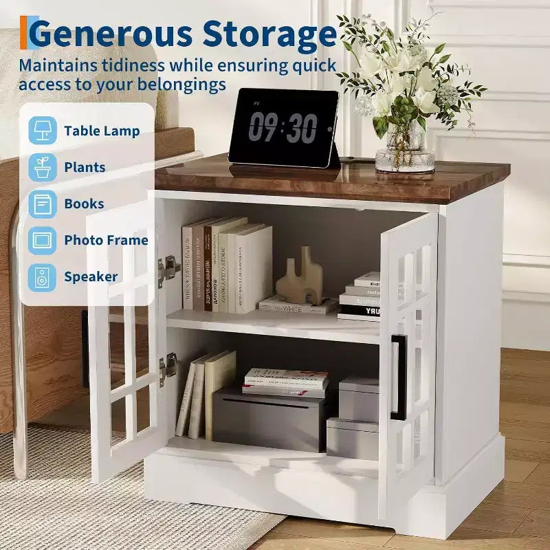 Acekool Comodino in legno 24, con stazione di ricarica, tavolino d'appoggio in stile rustico con ante in vetro temperato, ripiano regolabile, porte USB