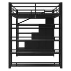 Letto a soppalco in metallo full size con ripiani, letto a soppalco resistente con scalinata, armadi e guardaroba, nero