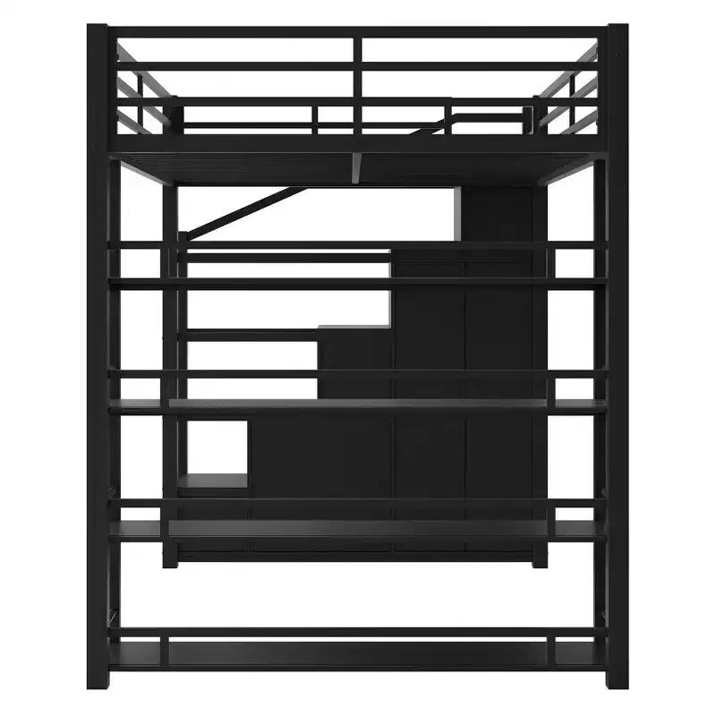 Letto a soppalco in metallo full size con ripiani, letto a soppalco resistente con scalinata, armadi e guardaroba, nero