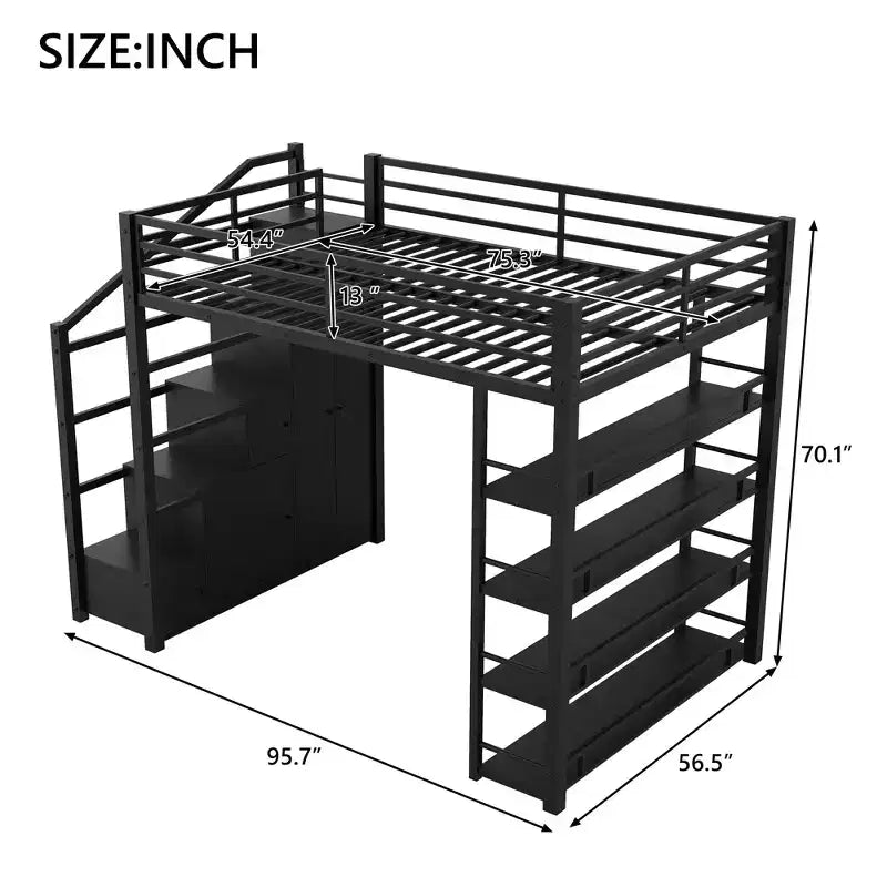 Letto a soppalco in metallo full size con ripiani, letto a soppalco resistente con scalinata, armadi e guardaroba, nero