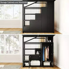 Letto a soppalco in metallo full size con ripiani, letto a soppalco resistente con scalinata, armadi e guardaroba, nero