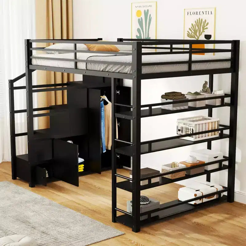 Letto a soppalco in metallo full size con ripiani, letto a soppalco resistente con scalinata, armadi e guardaroba, nero