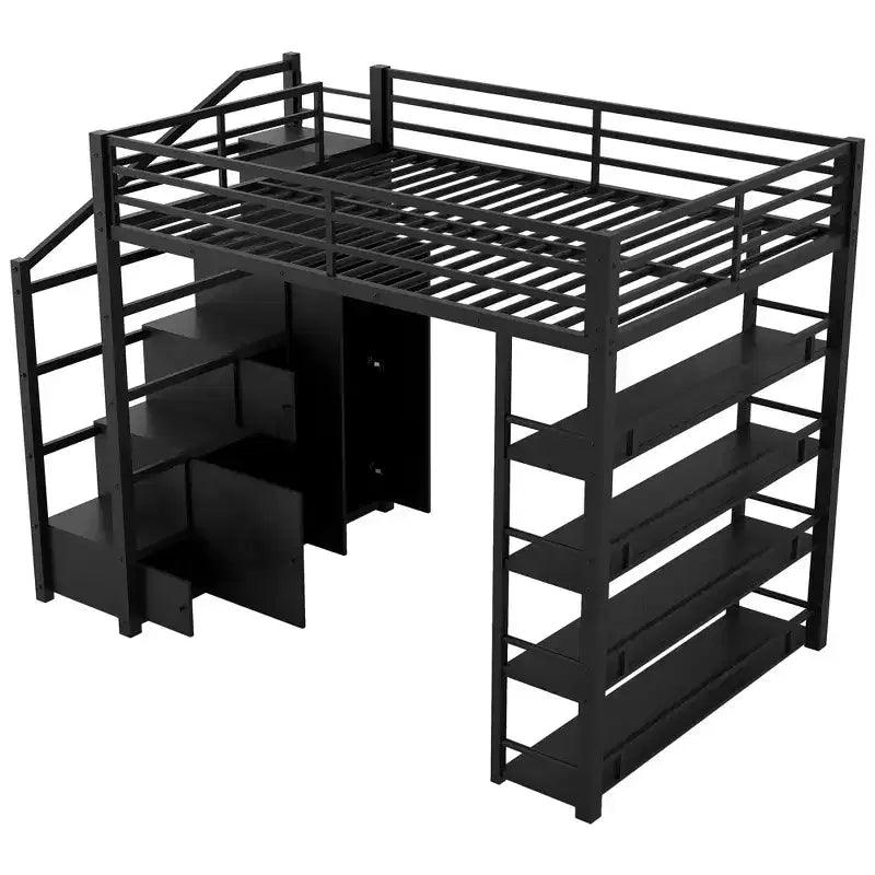 Letto a soppalco in metallo full size con ripiani, letto a soppalco resistente con scalinata, armadi e guardaroba, nero