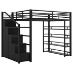 Letto a soppalco in metallo full size con ripiani, letto a soppalco resistente con scalinata, armadi e guardaroba, nero