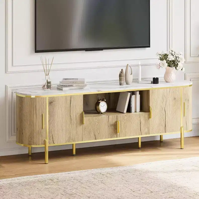 Mobile TV Acekool 70 con piano in finto marmo scanalato, ripiani regolabili e ante scorrevoli, consolle multimediale per TV fino a 80 pollici, blu navy