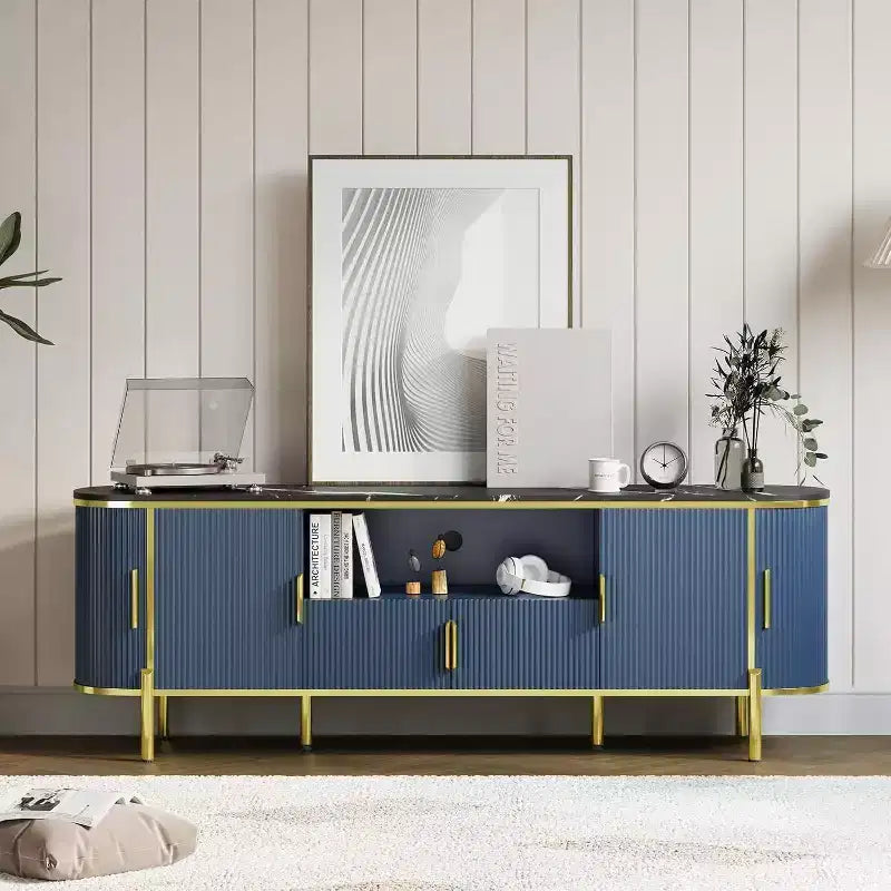 Mobile TV Acekool 70 con piano in finto marmo scanalato, ripiani regolabili e ante scorrevoli, consolle multimediale per TV fino a 80 pollici, blu navy