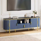 Mobile TV Acekool 70 con piano in finto marmo scanalato, ripiani regolabili e ante scorrevoli, consolle multimediale per TV fino a 80 pollici, blu navy