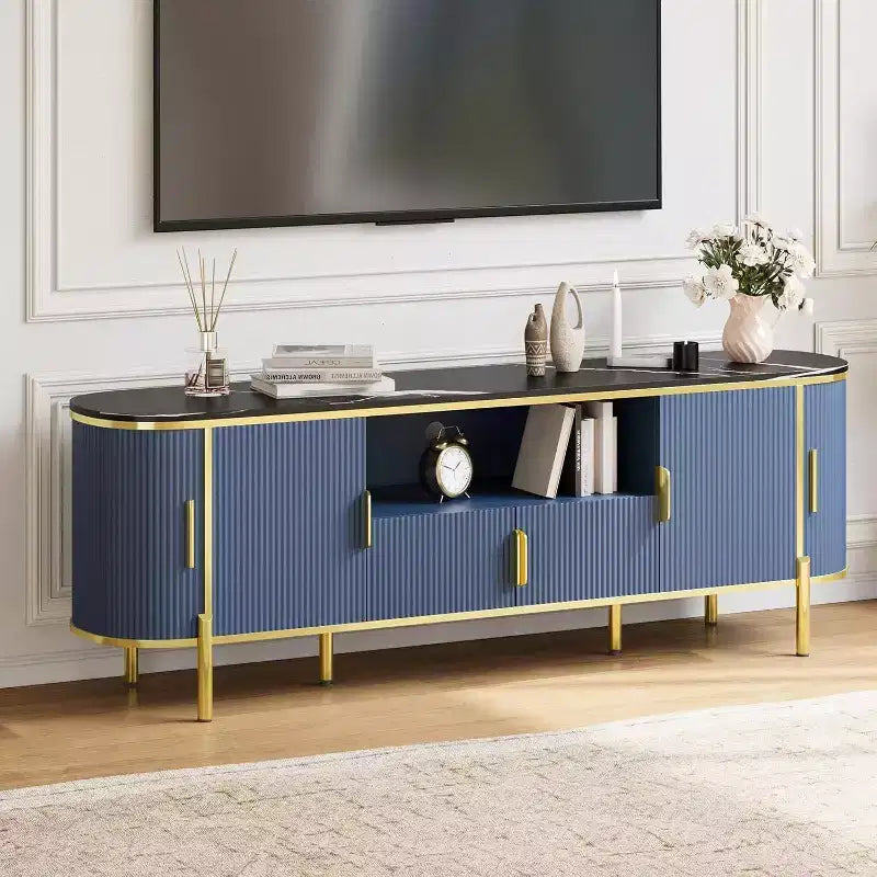 Mobile TV Acekool 70 con piano in finto marmo scanalato, ripiani regolabili e ante scorrevoli, consolle multimediale per TV fino a 80 pollici, blu navy