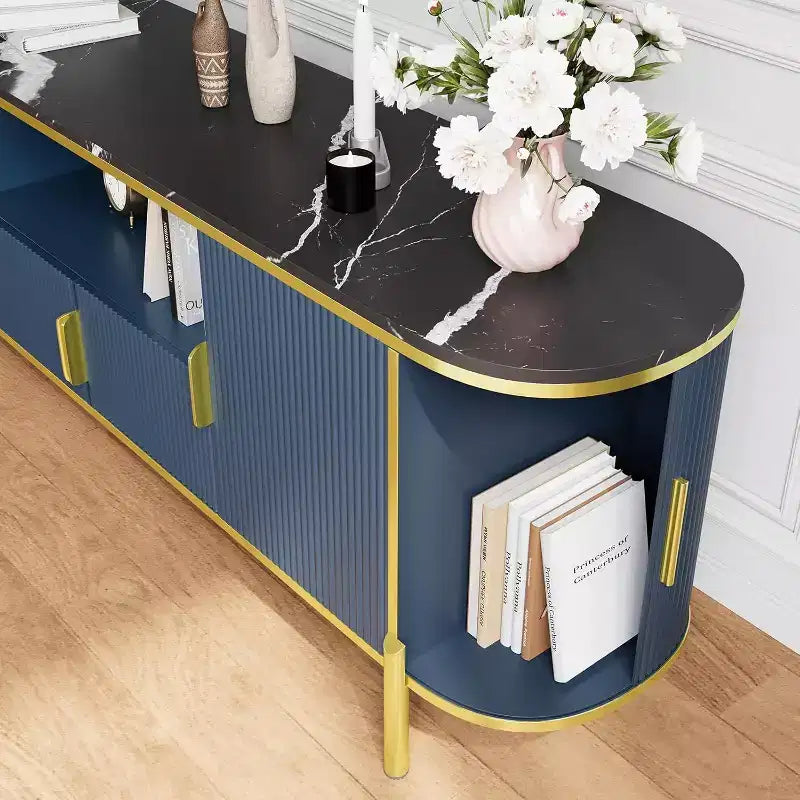 Mobile TV Acekool 70 con piano in finto marmo scanalato, ripiani regolabili e ante scorrevoli, consolle multimediale per TV fino a 80 pollici, blu navy
