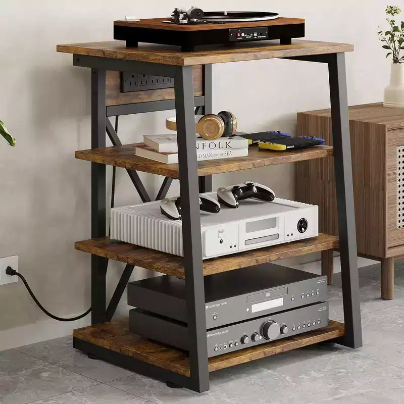Acekool 4-Tier AV Media Stand with Power Outlet, Adjustable Shelves Corner Media Console for TV, Game Console, Stereo & DVD Players