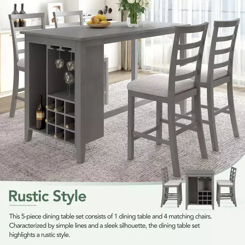 GDFStudio Harry Set da pranzo da 5 pezzi ad altezza bancone con tavolo in legno di gomma e sedie imbottite