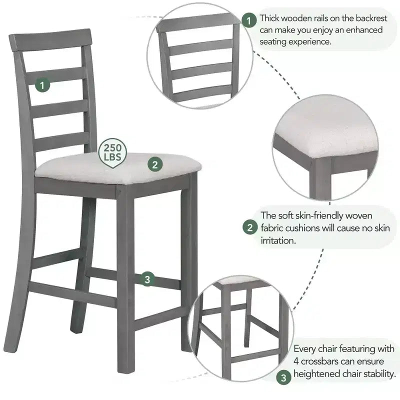 GDFStudio Harry Set da pranzo da 5 pezzi ad altezza bancone con tavolo in legno di gomma e sedie imbottite