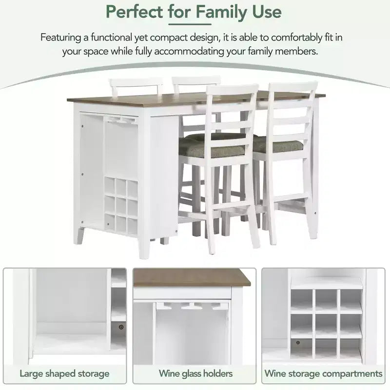 GDFStudio Harry Set da pranzo da 5 pezzi ad altezza bancone con tavolo in legno di gomma e sedie imbottite