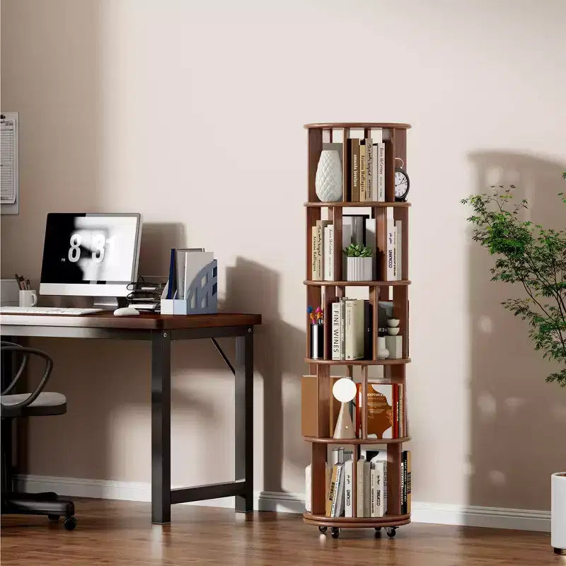 Okak 360 Rotating Bookshelf with Wheels, Solid Wood Narrow Bookcase with 5-Tier, Display Case for Living Room, Office, Bedroom, Walnut