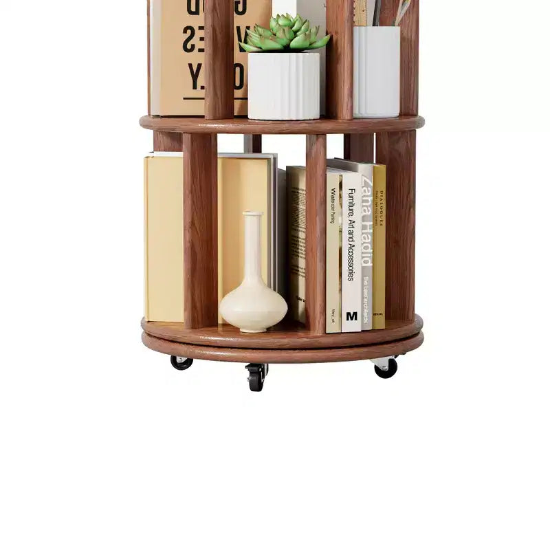 Scaffale Girevole Okak 360 con Ruote, Libreria Sottile in Legno Massiccio a 5 Livelli, Vetrina per Soggiorno, Ufficio, Camera da Letto, Noce