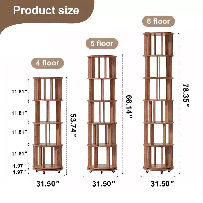 Scaffale Girevole Okak 360 con Ruote, Libreria Sottile in Legno Massiccio a 5 Livelli, Vetrina per Soggiorno, Ufficio, Camera da Letto, Noce