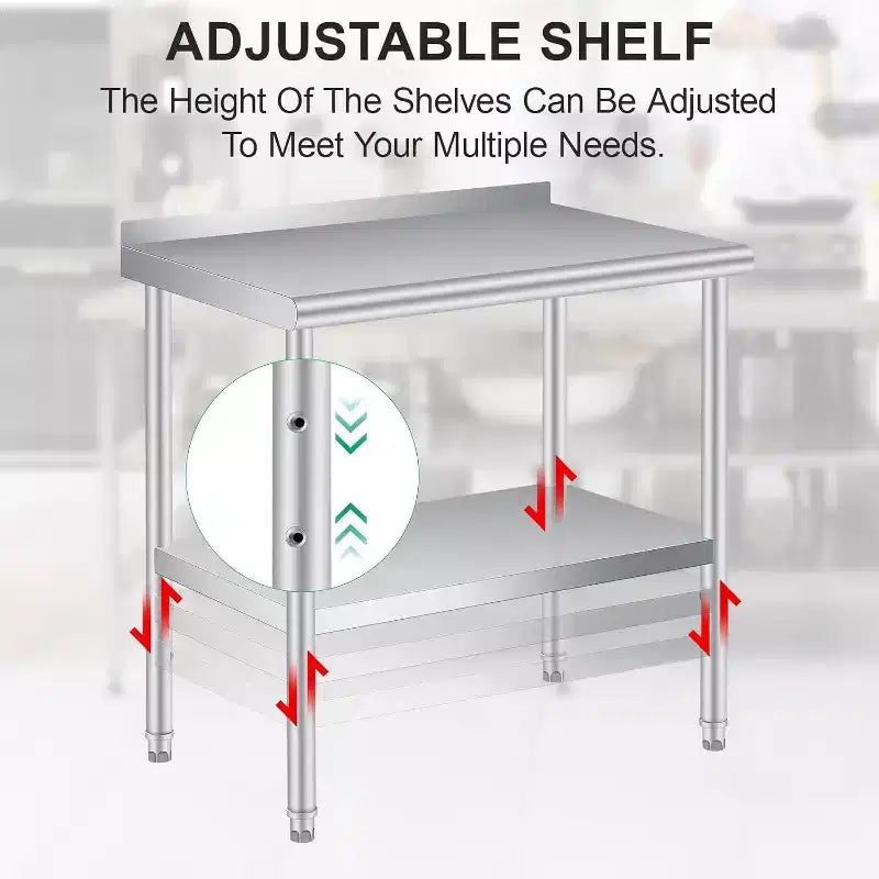 Acekool Banco da Lavoro Professionale in Acciaio Inossidabile con Alzatina, Tavolo da Lavoro Resistente 91x61 cm, Ripiano Inferiore Regolabile, per Cucina Commerciale, Ristorante, Garage