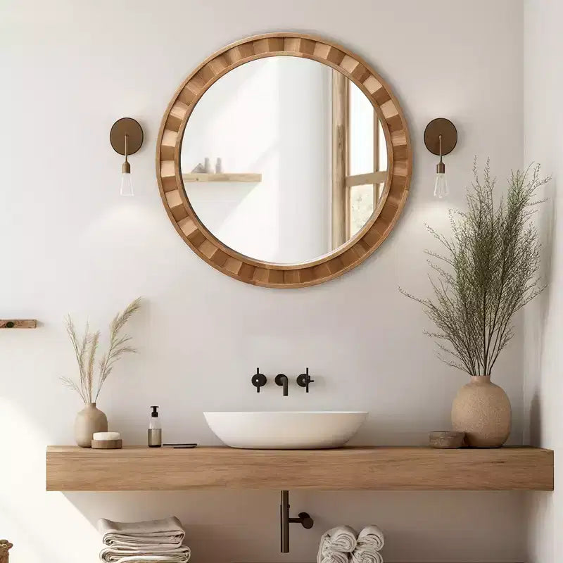 Specchio rotondo da parete con cornice in legno naturale LuxenHome, 28 decorazioni rustiche in legno marrone