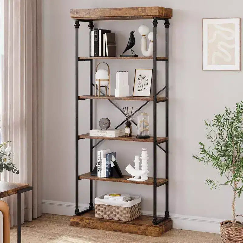 Libreria industriale a 6 ripiani Coolmee, scaffale alto rustico con telaio in metallo, grande espositore vintage per camera da letto, soggiorno e ufficio domestico