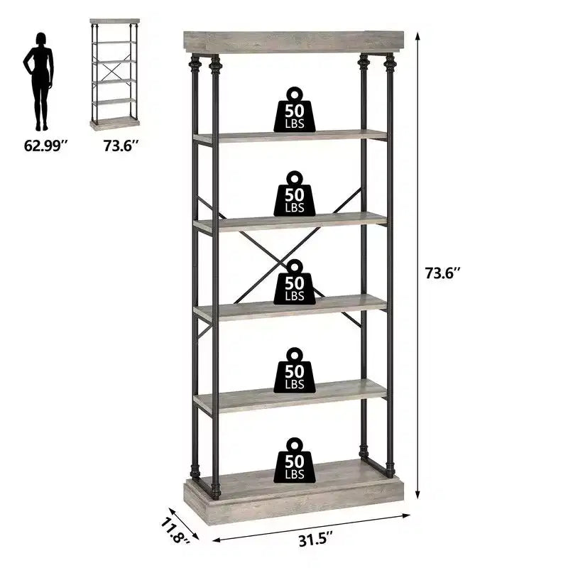 Libreria industriale a 6 ripiani Coolmee, scaffale alto rustico con telaio in metallo, grande espositore vintage per camera da letto, soggiorno e ufficio domestico