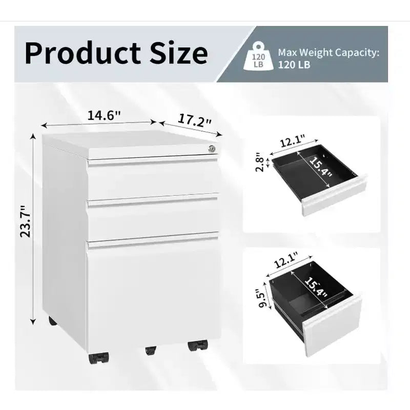 CuisinSmart Classificatore a 3 cassetti, con 4 ruote, Armadietto portadocumenti con serratura per cartelle A4, formato Lettera, Legale, Mobiletto schedario per Ufficio e Studio