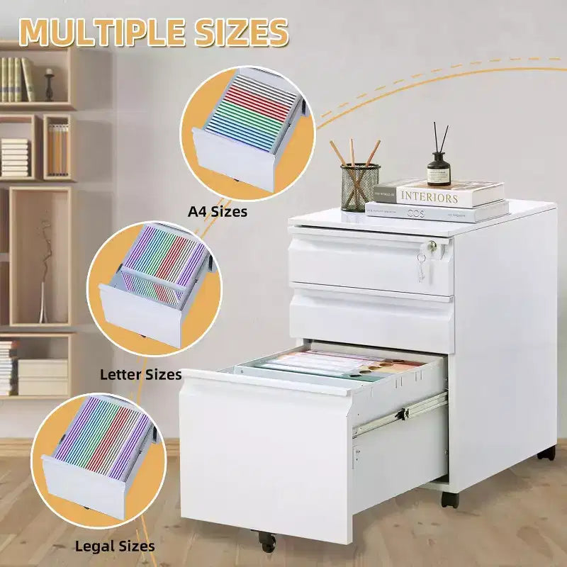 CuisinSmart Classificatore a 3 cassetti, con 4 ruote, Armadietto portadocumenti con serratura per cartelle A4, formato Lettera, Legale, Mobiletto schedario per Ufficio e Studio