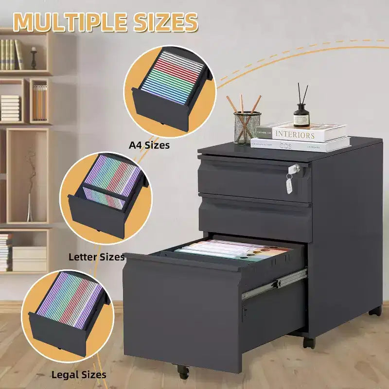 CuisinSmart Classificatore a 3 cassetti, con 4 ruote, Armadietto portadocumenti con serratura per cartelle A4, formato Lettera, Legale, Mobiletto schedario per Ufficio e Studio