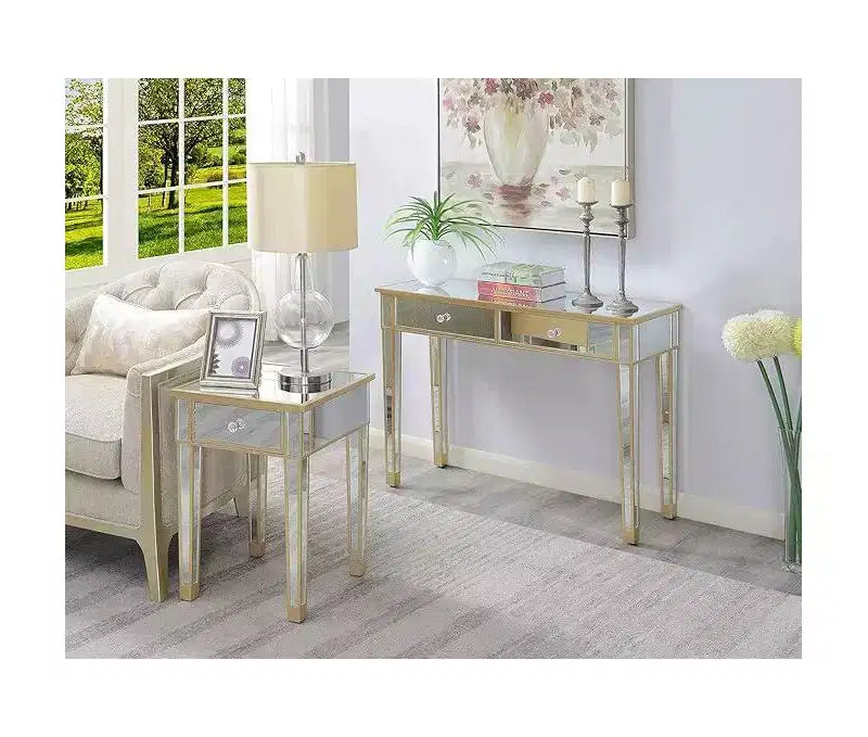 Tavolino finale HomeStock Belmont con specchio, cassetto e pomello in finto cristallo, elegante tavolino d'accento con base in legno di abete e vano contenitore a scomparsa