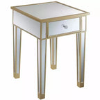 Tavolino finale HomeStock Belmont con specchio, cassetto e pomello in finto cristallo, elegante tavolino d'accento con base in legno di abete e vano contenitore a scomparsa