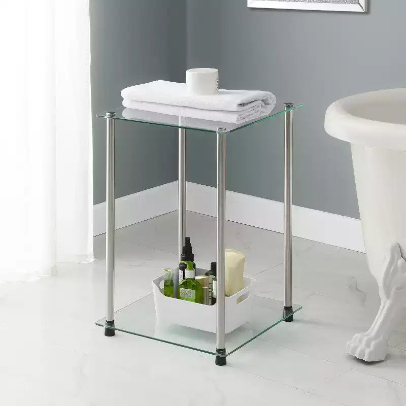HomeStock Belmont Glass 2 Tier Square End Table, Modern Accent Side Table with Tempered Glass Shelves and Stainless Steel Frame