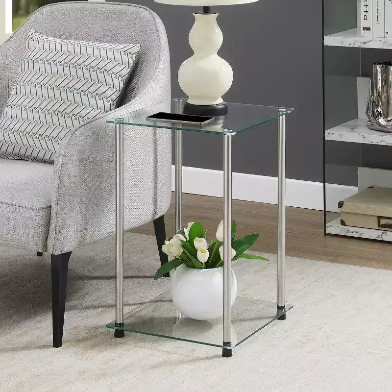 HomeStock Belmont Tavolino d'Appoggio Quadrato a 2 Livelli in Vetro, Tavolino Moderno con Ripiani in Vetro Temperato e Struttura in Acciaio Inox
