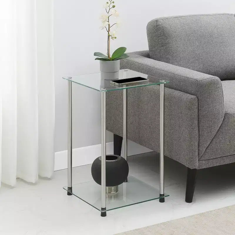HomeStock Belmont Tavolino d'Appoggio Quadrato a 2 Livelli in Vetro, Tavolino Moderno con Ripiani in Vetro Temperato e Struttura in Acciaio Inox