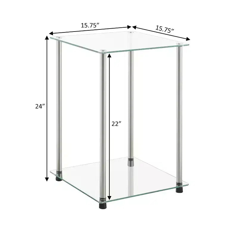 HomeStock Belmont Tavolino d'Appoggio Quadrato a 2 Livelli in Vetro, Tavolino Moderno con Ripiani in Vetro Temperato e Struttura in Acciaio Inox
