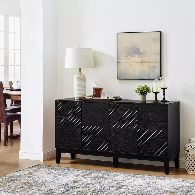 Madia da 153 cm con contenitore, credenza in stile rustico con motivo geometrico e ripiani regolabili, porta TV per soggiorno