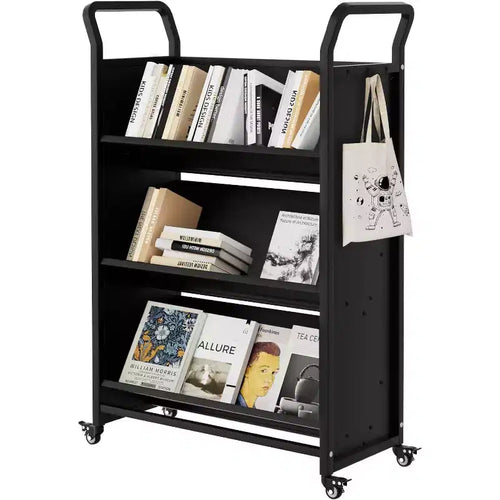 3-Tier Heavy-Duty Rolling Book Cart with Lockable Wheels Metal Storage Organizer with V-Shaped Shelves, Side Hooks, Compact Design for Home, Office