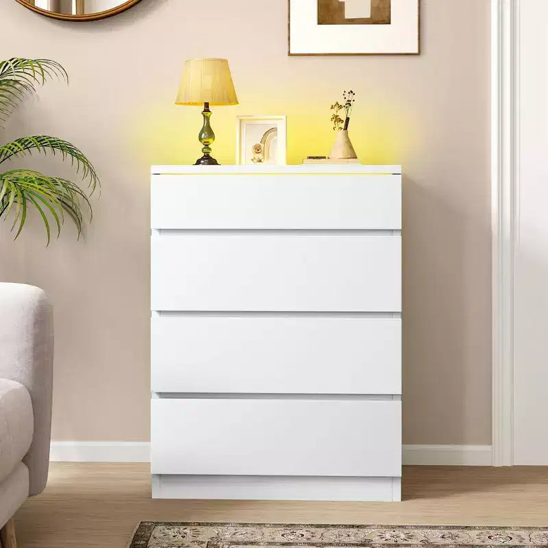 Comò moderno a 4 cassetti con piano in vetro temperato a LED, organizzatore per camera da letto e soggiorno