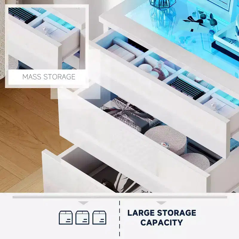 Comò moderno a 4 cassetti con piano in vetro temperato a LED, organizzatore per camera da letto e soggiorno