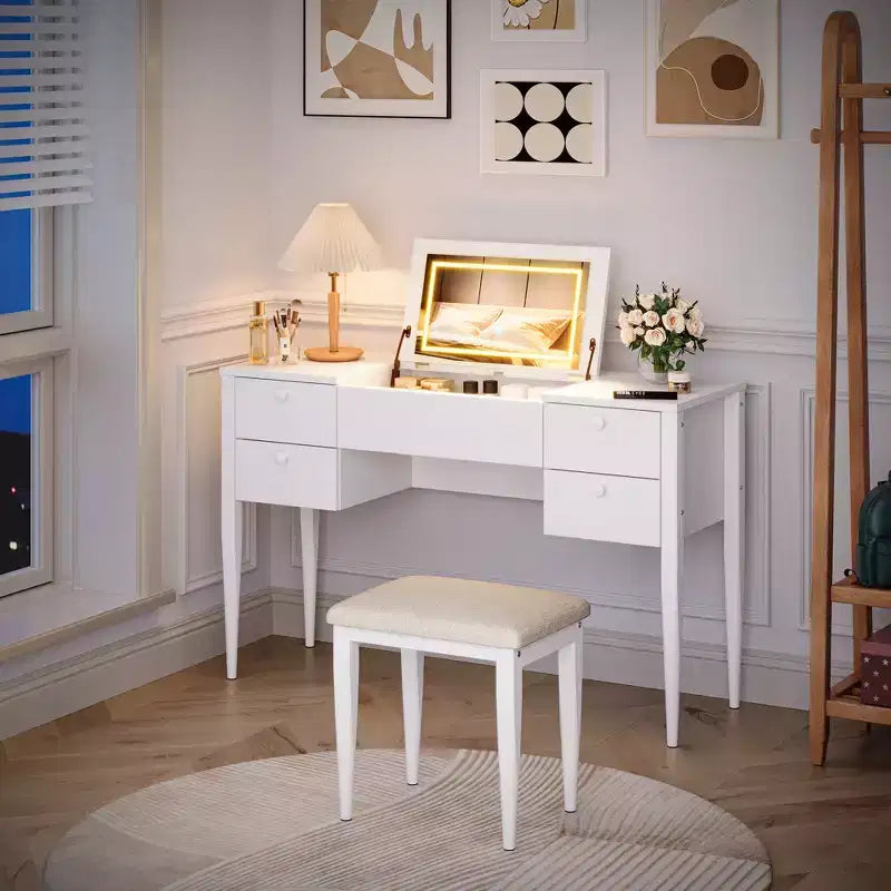 47,2 Toeletta Trucco con Luci, Sgabello, Piano Ribaltabile e Specchio per Camera da Letto