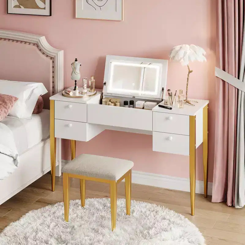 47,2 Toeletta Trucco con Luci, Sgabello, Piano Ribaltabile e Specchio per Camera da Letto