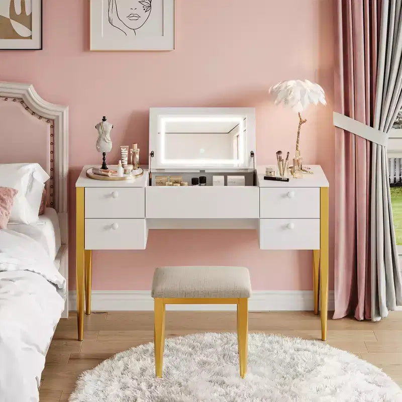 47,2 Toeletta Trucco con Luci, Sgabello, Piano Ribaltabile e Specchio per Camera da Letto