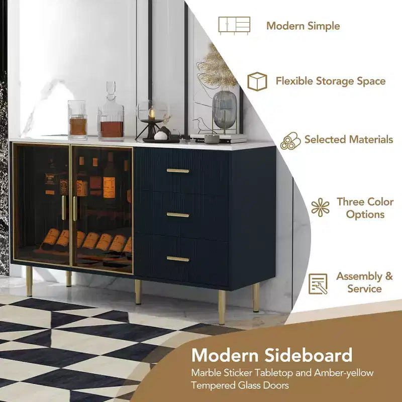 Bellemave Modern Sideboard Buffet Cabinet with Tempered Glass Doors and Drawers, Storage Cabinet with Adjustable Shelves, Navy Blue